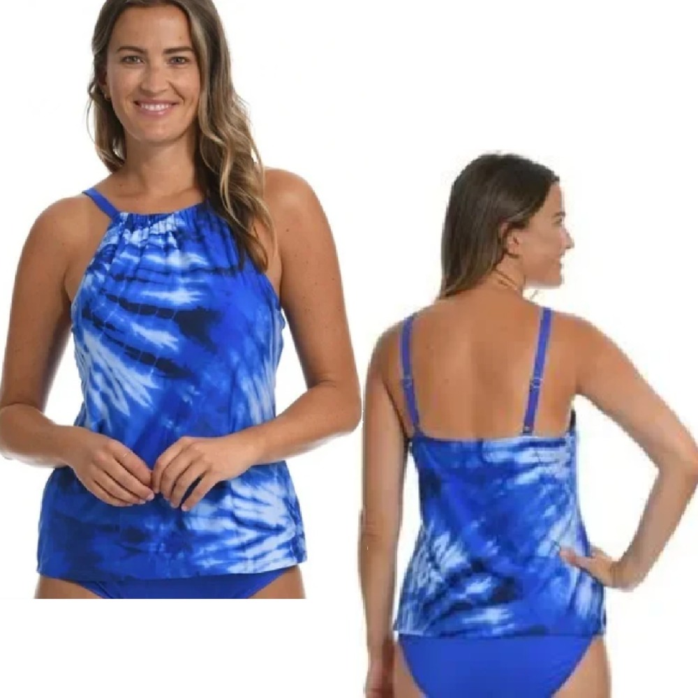 24th & Ocean High Neck‎ Tankini Top 20W 3X Blue Tie Dye Swimsuit Underwire NWT